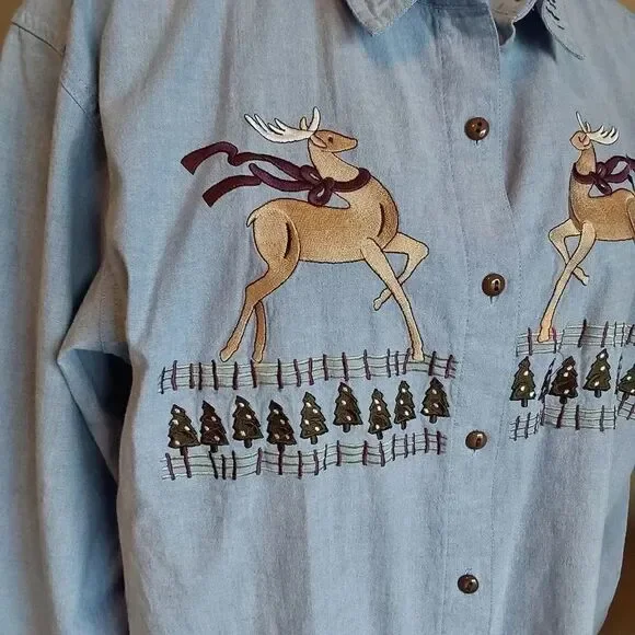 Falls Creek Denim Shirt Christmas theme Sz L - Picture 4 of 8